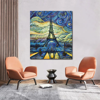 Paris canvas painting featuring the Eiffel Tower beneath a swirling starry sky in a vibrant impressionist style.
