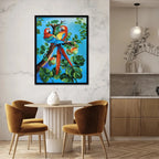 Luxury tropical bird canvas painting featuring two colorful parrots perched on a tree surrounded by lush green foliage.
