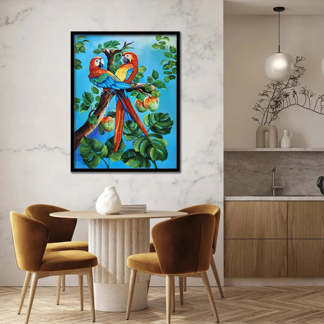 Luxury tropical bird canvas painting featuring two colorful parrots perched on a tree surrounded by lush green foliage.