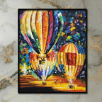 Luxury hot air balloon canvas wall painting featuring colorful illuminated balloons in an expressive contemporary art style.