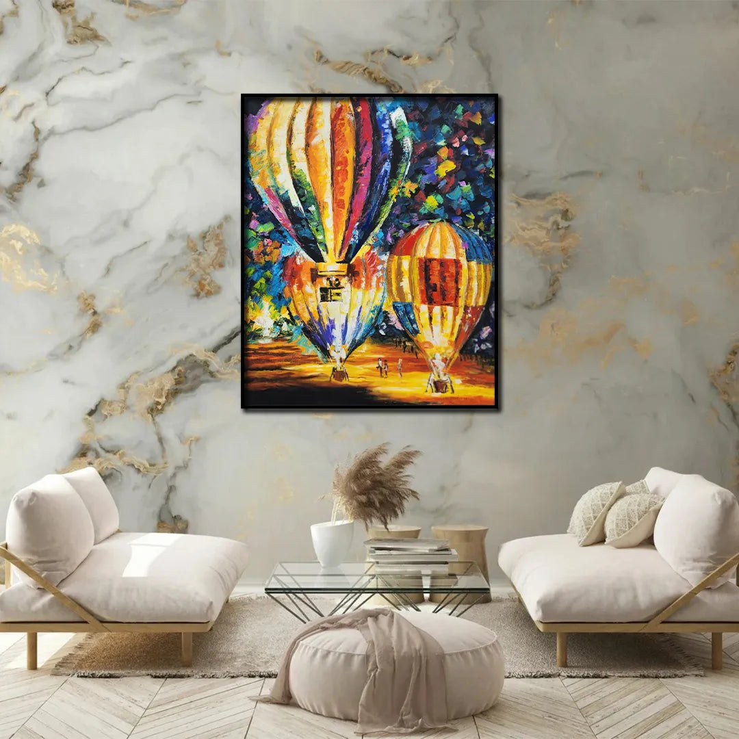 Luxury hot air balloon canvas wall painting featuring colorful illuminated balloons in an expressive contemporary art style.