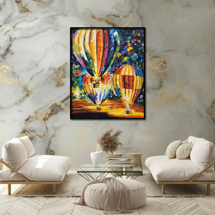 Luxury hot air balloon canvas wall painting featuring colorful illuminated balloons in an expressive contemporary art style.