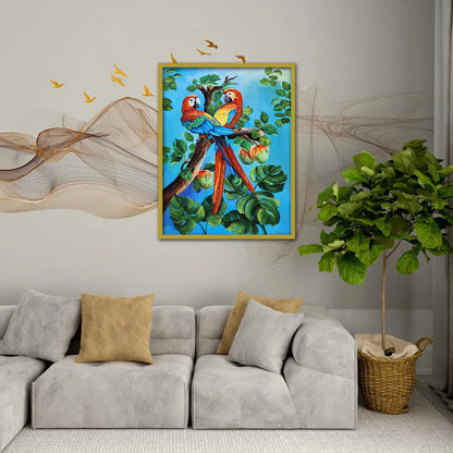Luxury tropical bird canvas painting featuring two colorful parrots perched on a tree surrounded by lush green foliage.