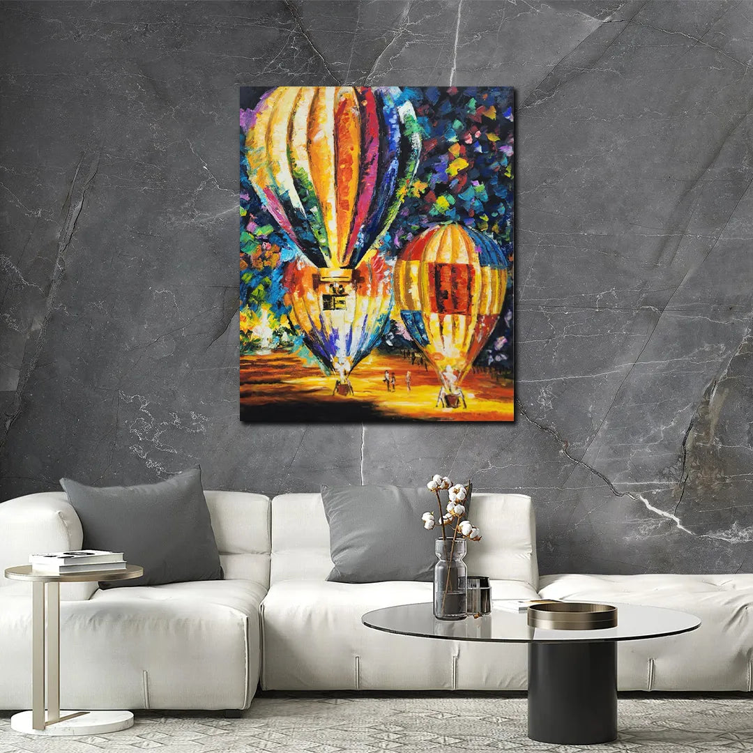 Luxury hot air balloon canvas wall painting featuring colorful illuminated balloons in an expressive contemporary art style.