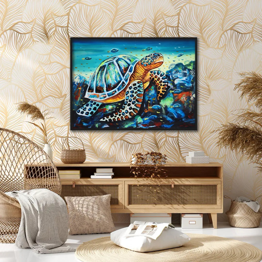 Colorful sea turtle canvas painting with vibrant ocean artwork for modern luxury wall décor interiors
