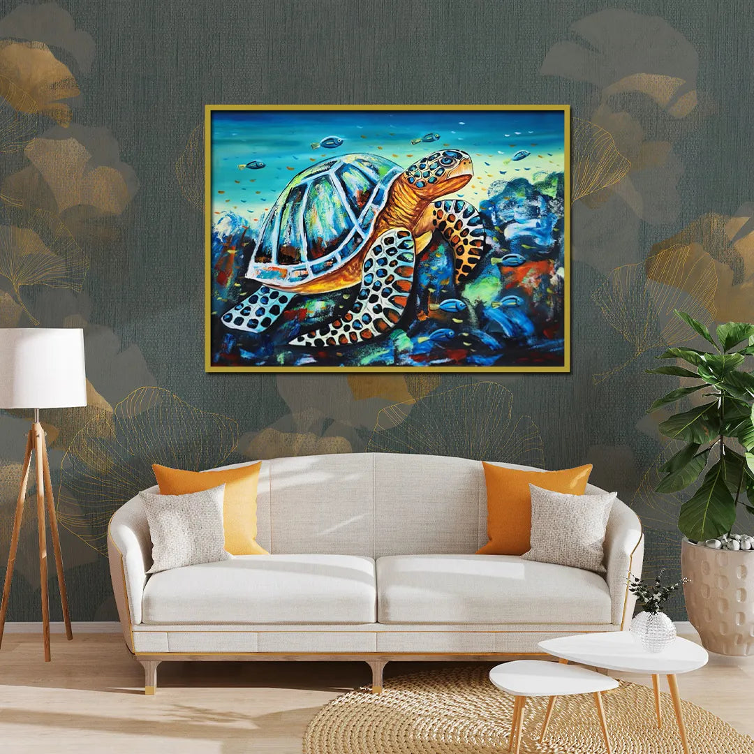 Colorful sea turtle canvas painting with vibrant ocean artwork for modern luxury wall décor interiors