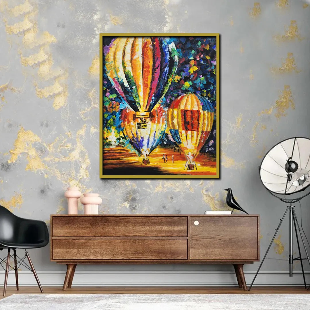 Luxury hot air balloon canvas wall painting featuring colorful illuminated balloons in an expressive contemporary art style.