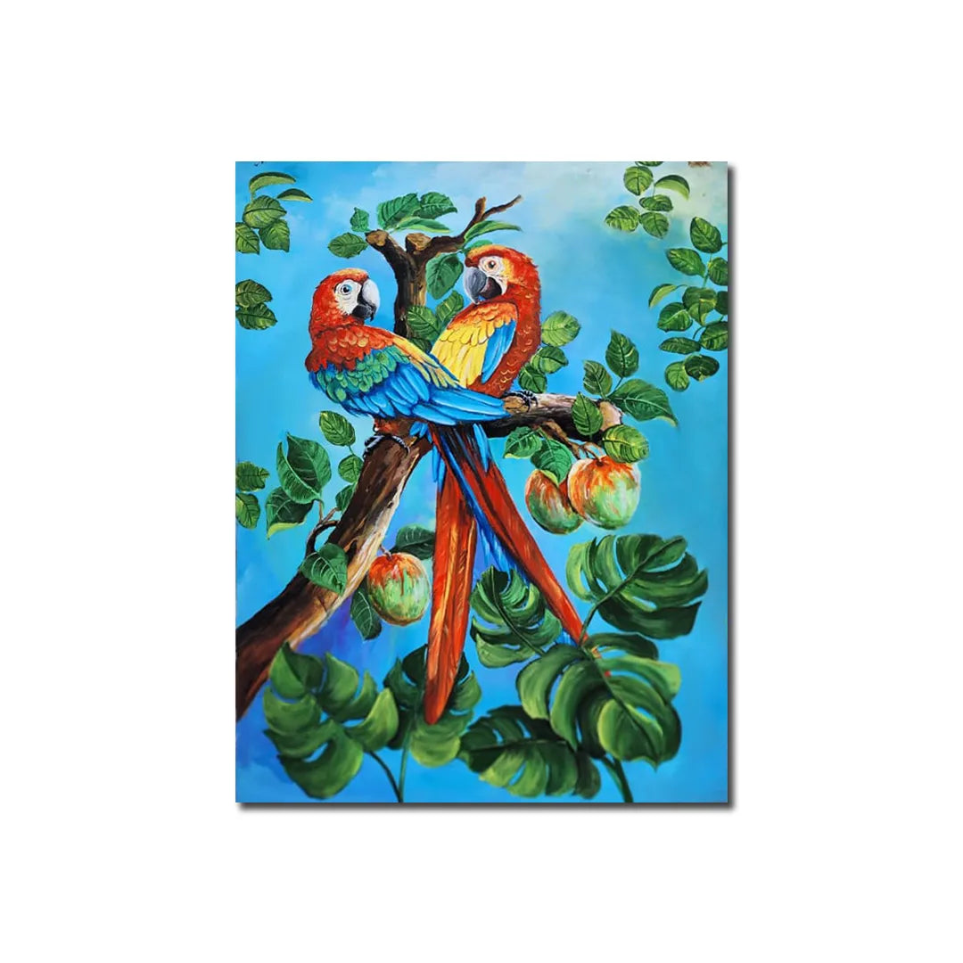 Luxury tropical bird canvas painting featuring two colorful parrots perched on a tree surrounded by lush green foliage.