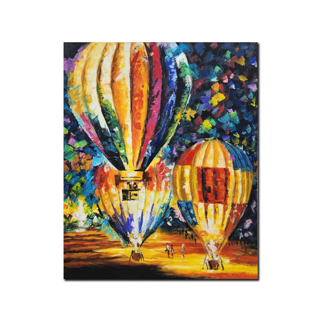 Luxury hot air balloon canvas wall painting featuring colorful illuminated balloons in an expressive contemporary art style.