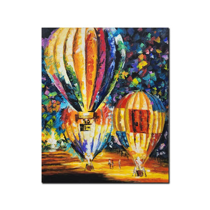 Luxury hot air balloon canvas wall painting featuring colorful illuminated balloons in an expressive contemporary art style.