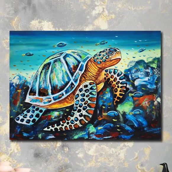 Colorful sea turtle canvas painting with vibrant ocean artwork for modern luxury wall décor interiors