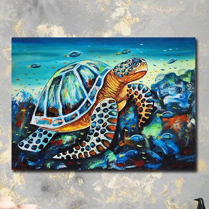 Colorful sea turtle canvas painting with vibrant ocean artwork for modern luxury wall décor interiors