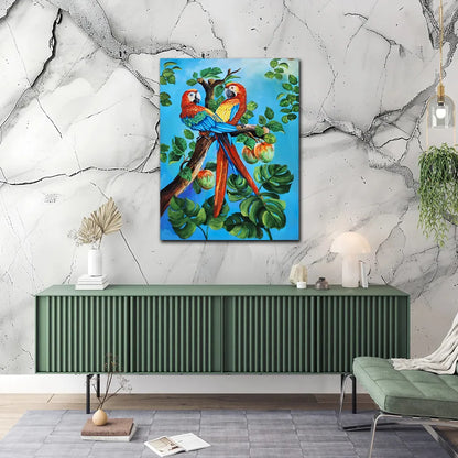 Luxury tropical bird canvas painting featuring two colorful parrots perched on a tree surrounded by lush green foliage.