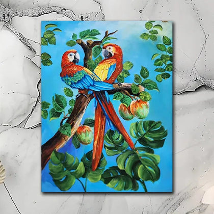 Luxury tropical bird canvas painting featuring two colorful parrots perched on a tree surrounded by lush green foliage.
