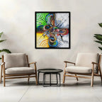 Luxury abstract canvas wall painting featuring vibrant geometric forms, colorful circular patterns, and expressive contemporary brushstrokes on premium canvas.