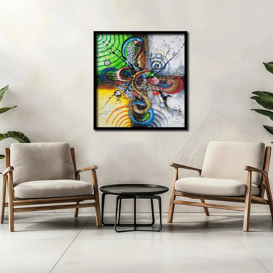 Luxury abstract canvas wall painting featuring vibrant geometric forms, colorful circular patterns, and expressive contemporary brushstrokes on premium canvas.