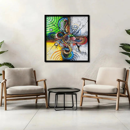 Luxury abstract canvas wall painting featuring vibrant geometric forms, colorful circular patterns, and expressive contemporary brushstrokes on premium canvas.