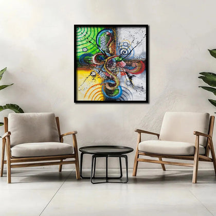 Luxury abstract canvas wall painting featuring vibrant geometric forms, colorful circular patterns, and expressive contemporary brushstrokes on premium canvas.