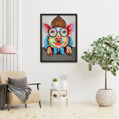 Colorful pop art pig canvas painting with round glasses, blue bow tie, and vibrant abstract detailing.