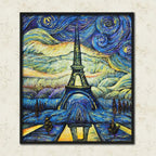 Paris canvas painting featuring the Eiffel Tower beneath a swirling starry sky in a vibrant impressionist style.