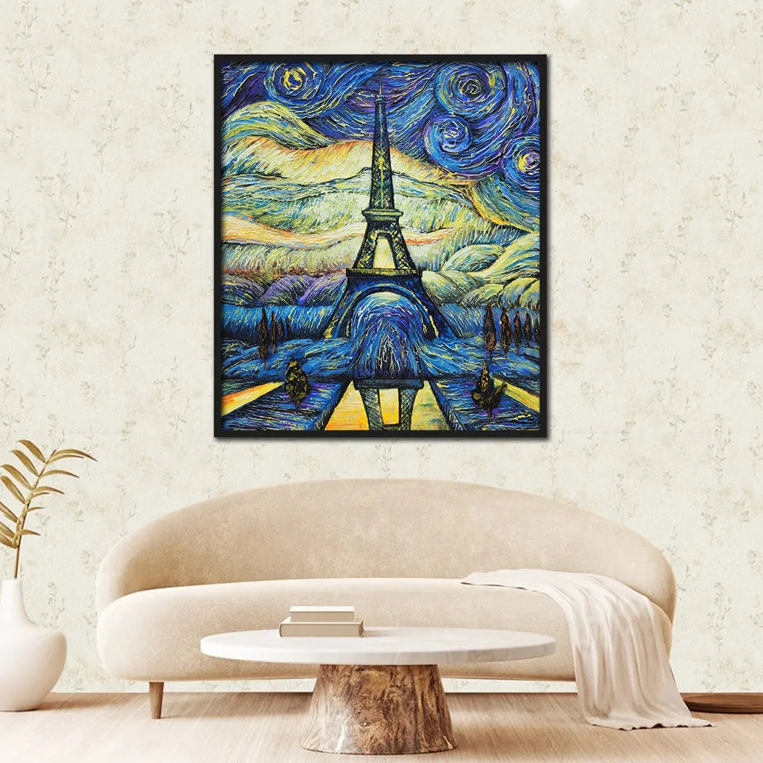 Paris canvas painting featuring the Eiffel Tower beneath a swirling starry sky in a vibrant impressionist style.