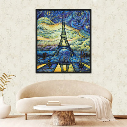 Paris canvas painting featuring the Eiffel Tower beneath a swirling starry sky in a vibrant impressionist style.