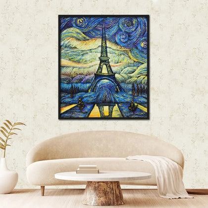 Paris canvas painting featuring the Eiffel Tower beneath a swirling starry sky in a vibrant impressionist style.
