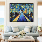 Taj Mahal canvas painting featuring a vibrant impressionist-style starry sky with expressive blue and golden brushstrokes.