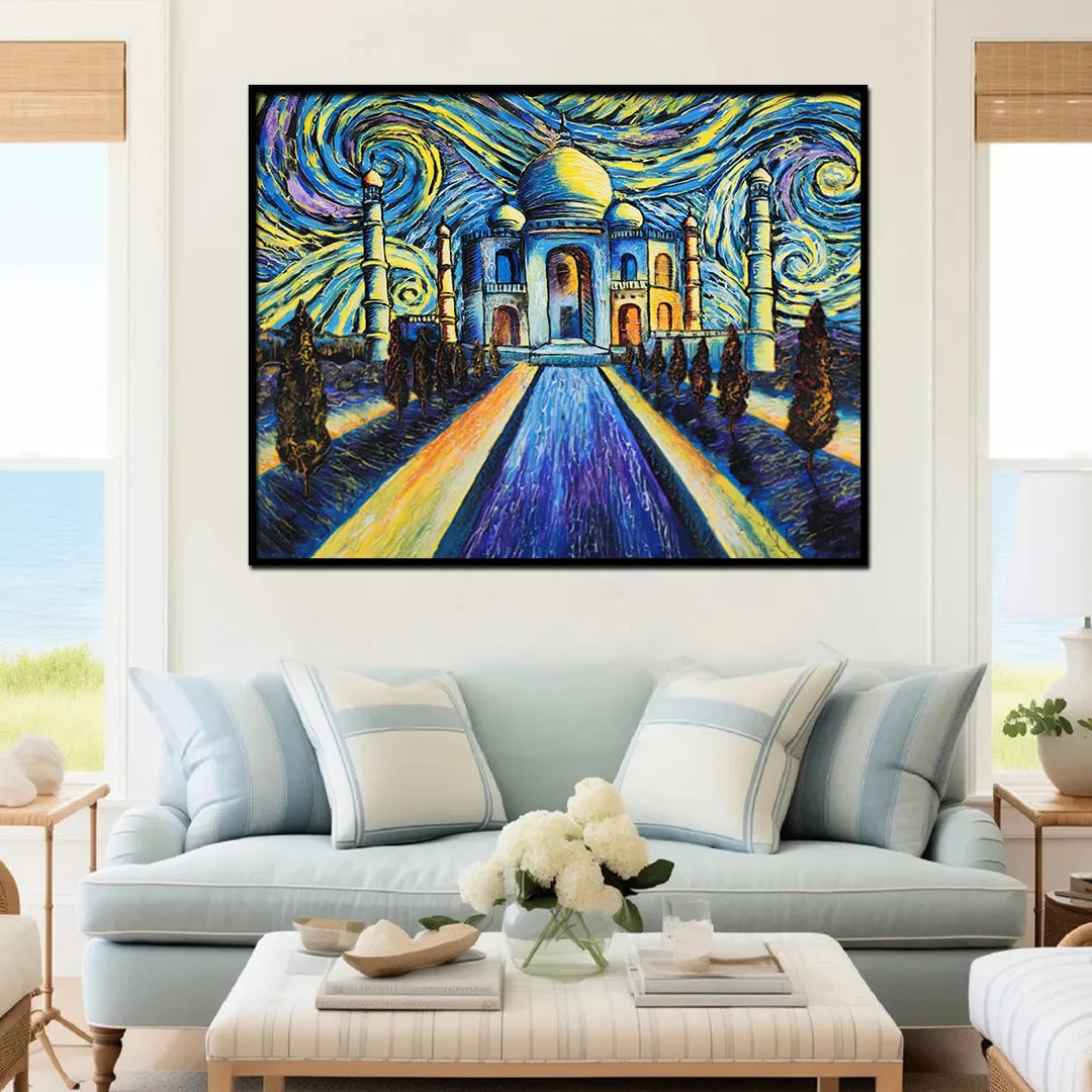 Taj Mahal canvas painting featuring a vibrant impressionist-style starry sky with expressive blue and golden brushstrokes.