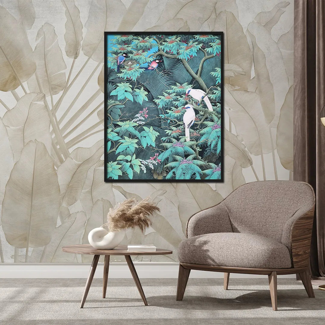 Tropical bird canvas painting featuring white and colorful birds perched among lush green foliage and botanical details.