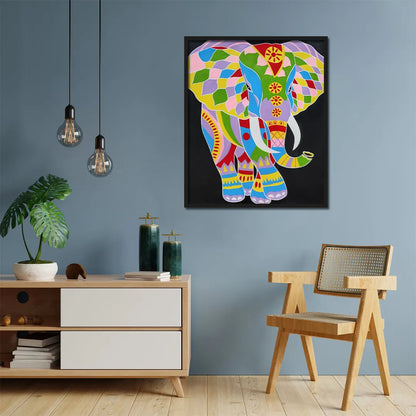 Colorful elephant canvas painting with vibrant geometric artwork for modern luxury wall décor interiors