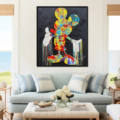 Colorful abstract pop art mouse silhouette canvas painting with vibrant paint splashes on a black background.