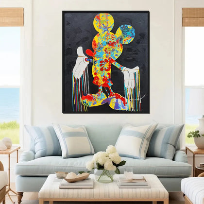 Colorful abstract pop art mouse silhouette canvas painting with vibrant paint splashes on a black background.