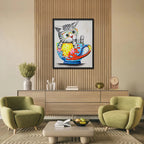 Colorful pop art kitten canvas painting with glasses sitting inside a vibrant teacup featuring abstract artistic details.