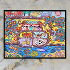 Colorful folk art canvas painting featuring wildlife, birds, marine life, trees, and whimsical nature-inspired storytelling.