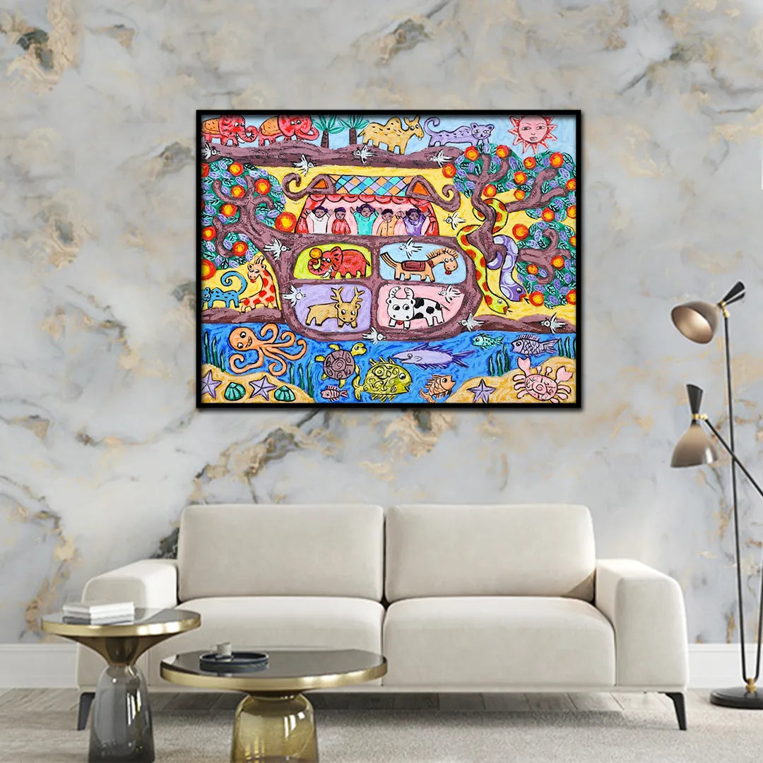 Colorful folk art canvas painting featuring wildlife, birds, marine life, trees, and whimsical nature-inspired storytelling.