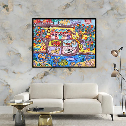 Colorful folk art canvas painting featuring wildlife, birds, marine life, trees, and whimsical nature-inspired storytelling.