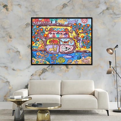Colorful folk art canvas painting featuring wildlife, birds, marine life, trees, and whimsical nature-inspired storytelling.