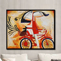 Abstract canvas painting featuring a whimsical couple riding a red bicycle with expressive faces and vibrant artistic details.