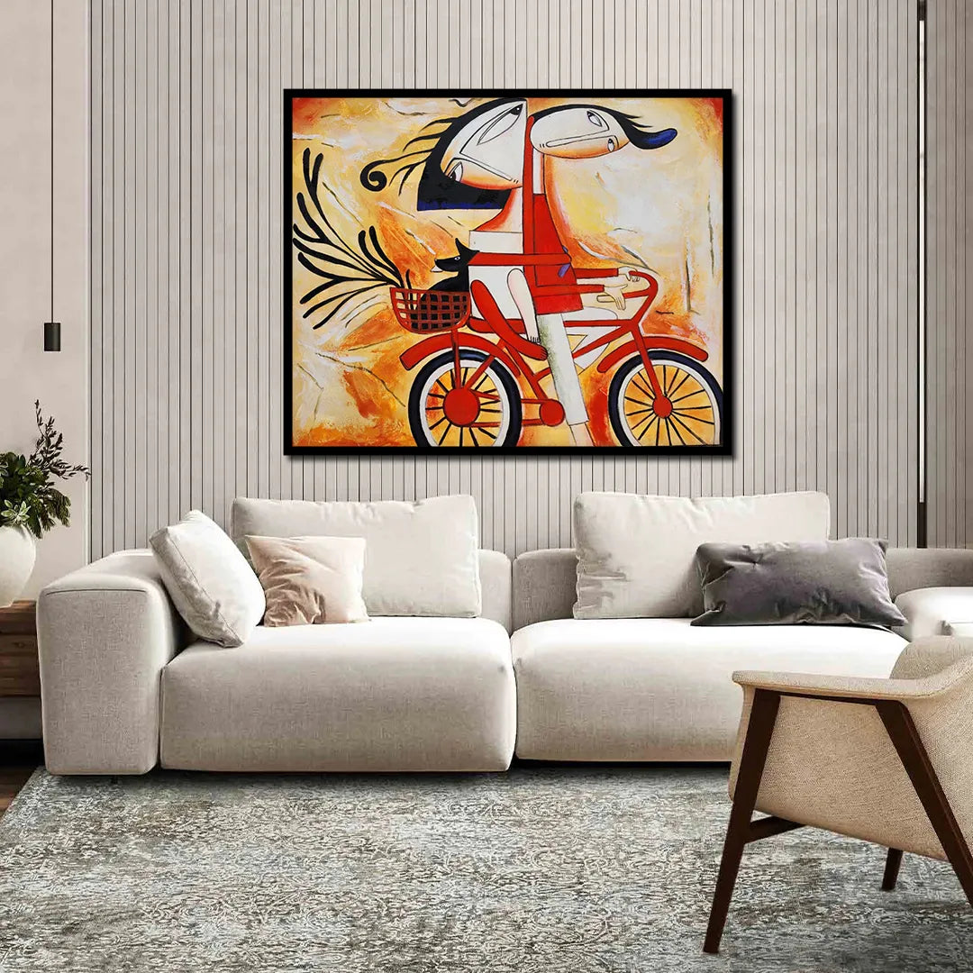 Abstract canvas painting featuring a whimsical couple riding a red bicycle with expressive faces and vibrant artistic details.