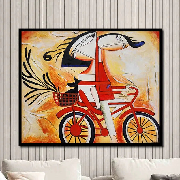 Abstract canvas painting featuring a whimsical couple riding a red bicycle with expressive faces and vibrant artistic details.