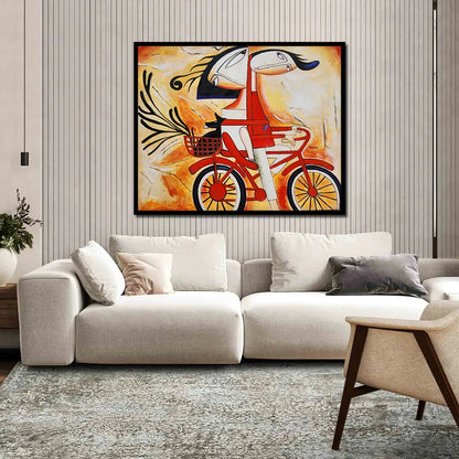Abstract canvas painting featuring a whimsical couple riding a red bicycle with expressive faces and vibrant artistic details.