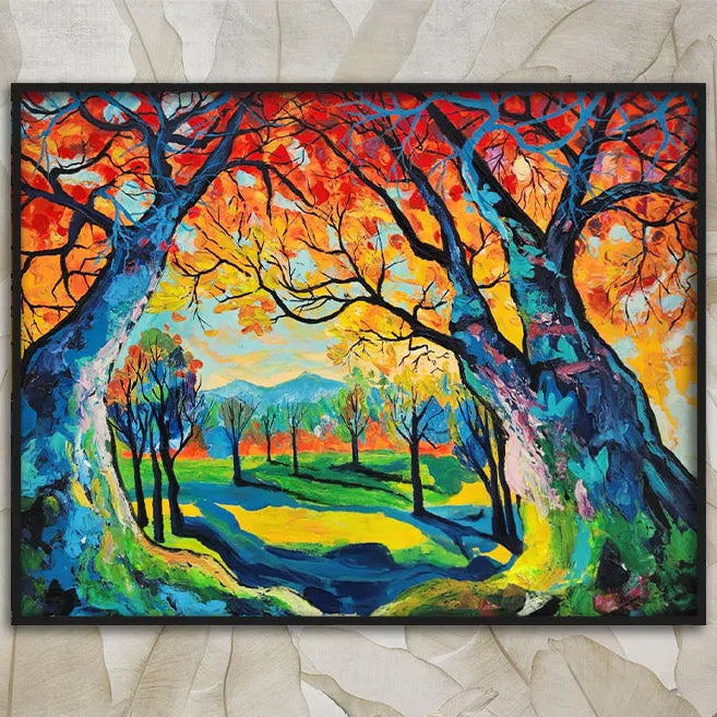 Colorful landscape canvas painting featuring vibrant autumn trees, scenic woodland path, and expressive contemporary brushstrokes.