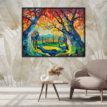Colorful landscape canvas painting featuring vibrant autumn trees, scenic woodland path, and expressive contemporary brushstrokes.