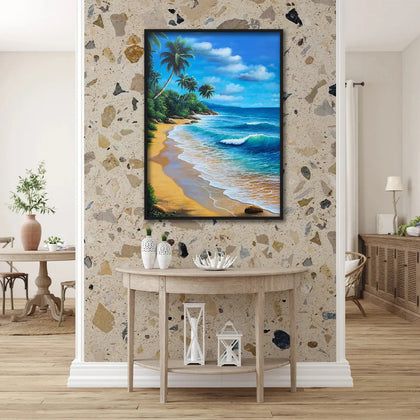 Coastal landscape canvas painting featuring turquoise ocean waves, golden sandy beach, tropical palm trees, and blue skies.