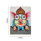 Colorful pop art pig canvas painting with round glasses, blue bow tie, and vibrant abstract detailing.