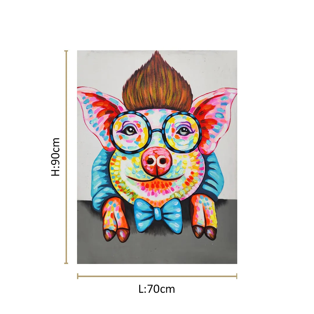 Colorful pop art pig canvas painting with round glasses, blue bow tie, and vibrant abstract detailing.