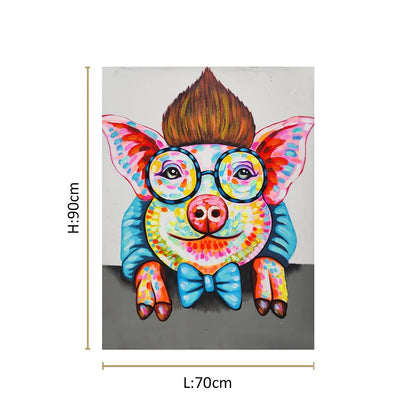 Colorful pop art pig canvas painting with round glasses, blue bow tie, and vibrant abstract detailing.