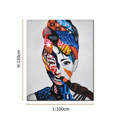 Abstract portrait canvas painting featuring a woman with vibrant geometric patterns and colorful contemporary artistic details.
