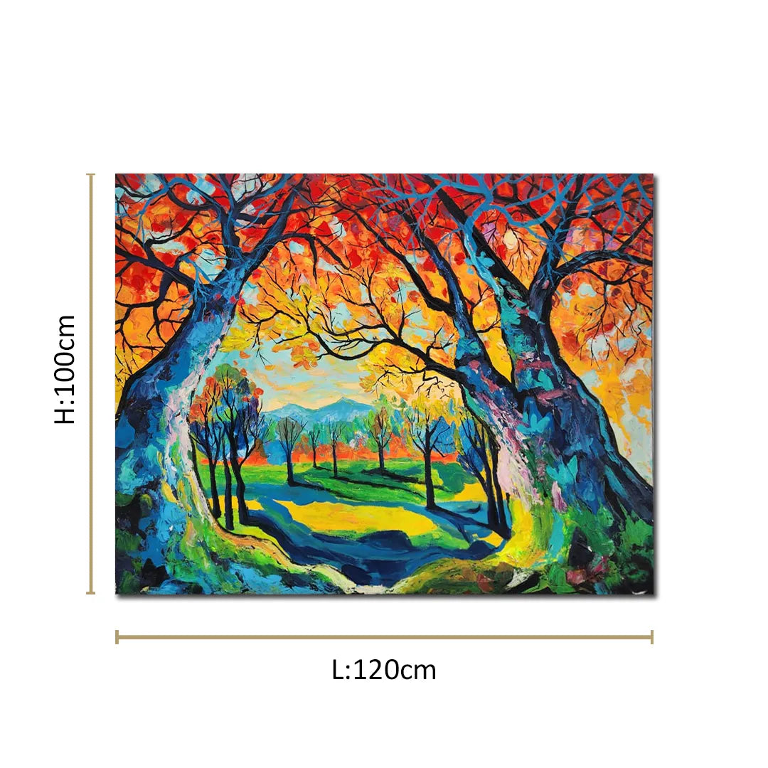 Colorful landscape canvas painting featuring vibrant autumn trees, scenic woodland path, and expressive contemporary brushstrokes.